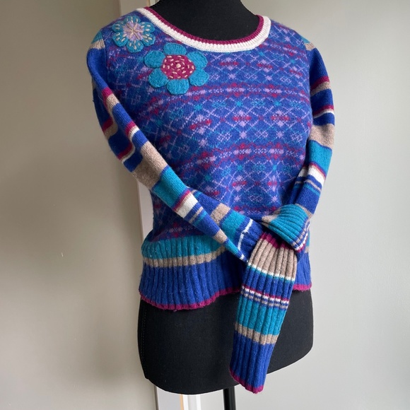 Vintage 80s Graphic Scoop Neck Sweater Periwinkle Blue Teal - Picture 5 of 9